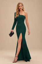 Rutipo Dark Green Black One-Shoulder Long Sleeves Evening Dresses With High Split