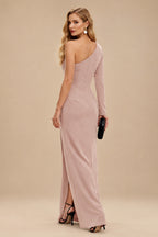 Rutipo Dusty Rose Black One-Shoulder Long Sleeves Evening Dresses With High Split