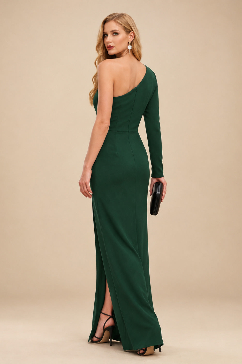 Rutipo Hunter Green Black One-Shoulder Long Sleeves Evening Dresses With High Split