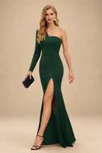 Rutipo Hunter Green Black One-Shoulder Long Sleeves Evening Dresses With High Split