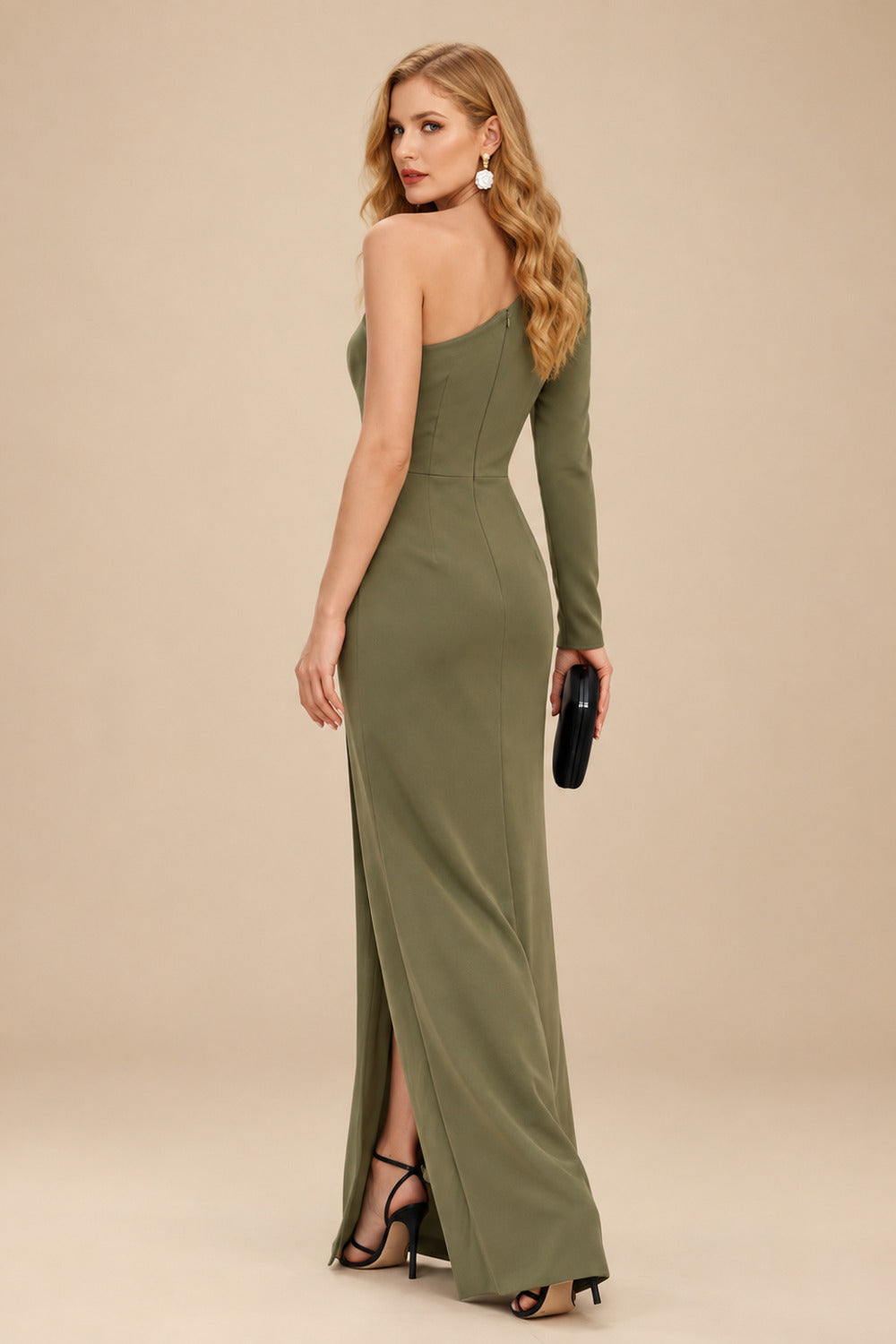 Rutipo Olive Green Black One-Shoulder Long Sleeves Evening Dresses With High Split