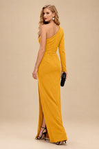 Rutipo Orange Black One-Shoulder Long Sleeves Evening Dresses With High Split
