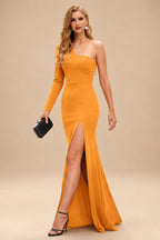 Rutipo Orange Black One-Shoulder Long Sleeves Evening Dresses With High Split