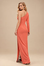 Rutipo Papaya Black One-Shoulder Long Sleeves Evening Dresses With High Split