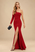 Rutipo Red Black One-Shoulder Long Sleeves Evening Dresses With High Split