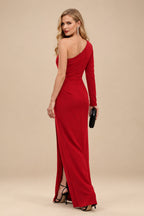 Rutipo Red Black One-Shoulder Long Sleeves Evening Dresses With High Split