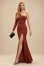 Rutipo Vermilion Black One-Shoulder Long Sleeves Evening Dresses With High Split
