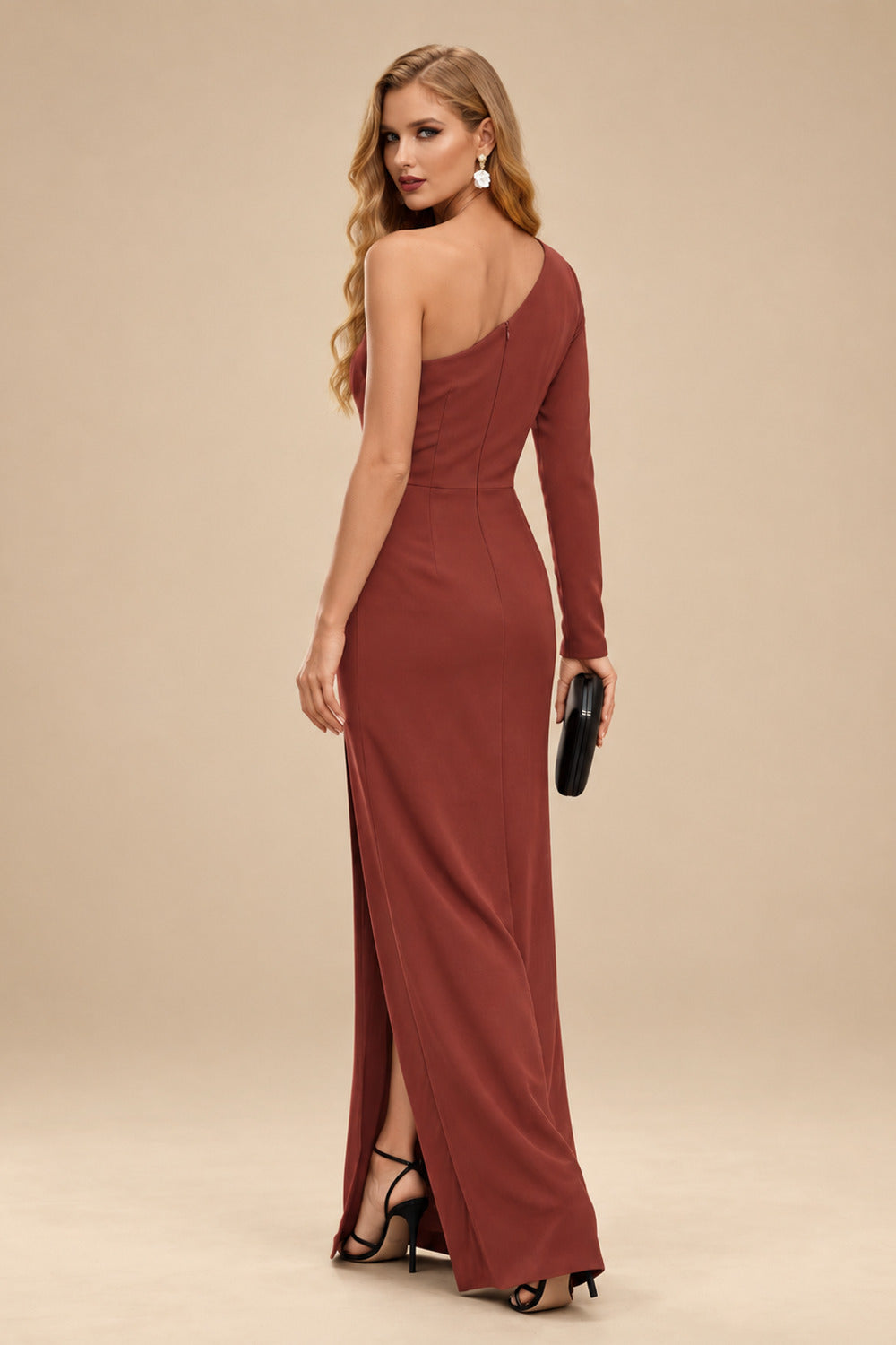 Rutipo Vermilion Black One-Shoulder Long Sleeves Evening Dresses With High Split