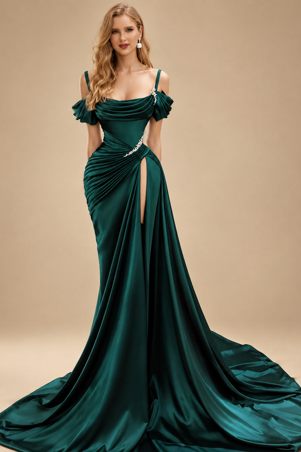 Rutipo As Picture Cowl Neck Beading Charmeuse High Slit Evening Dresses