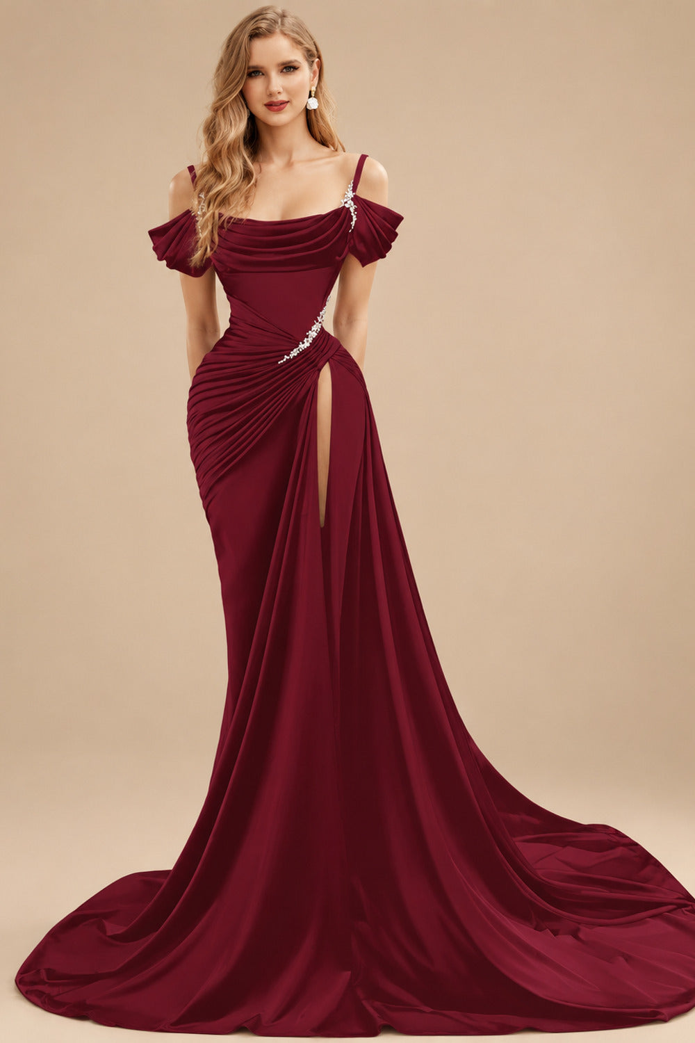 Rutipo Burgundy Cowl Neck Beading Charmeuse High Slit Evening Dresses