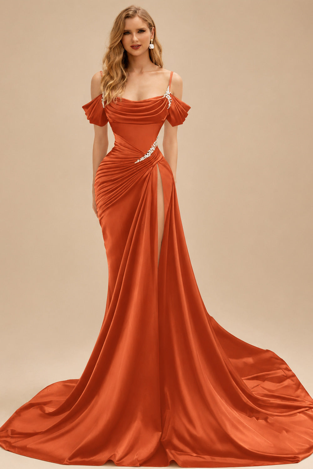 Rutipo Burnt Orange Cowl Neck Beading Charmeuse High Slit Evening Dresses