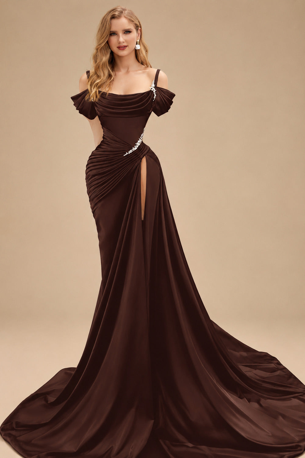 Rutipo Chocolate Cowl Neck Beading Charmeuse High Slit Evening Dresses