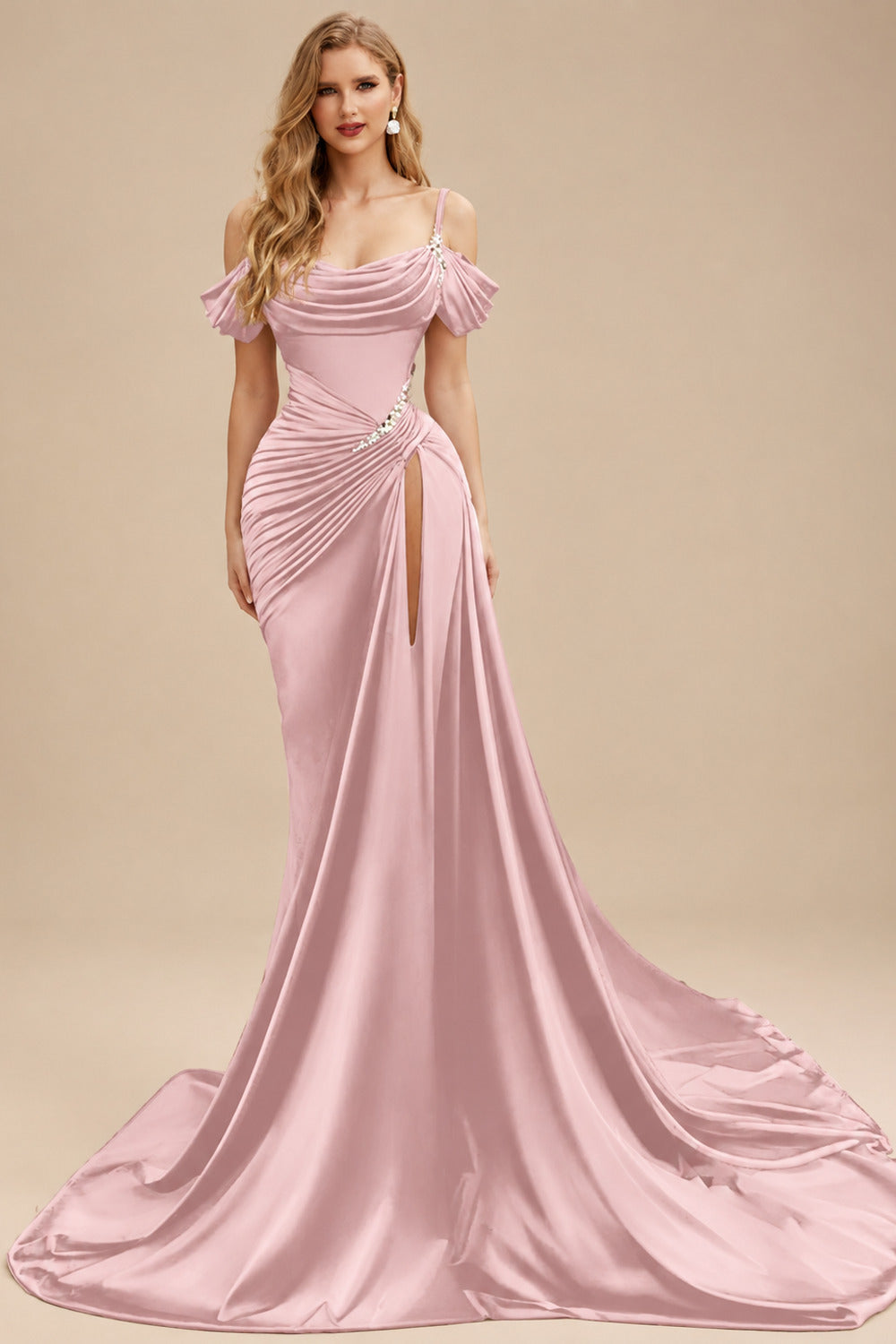 Rutipo Dusty Rose Cowl Neck Beading Charmeuse High Slit Evening Dresses