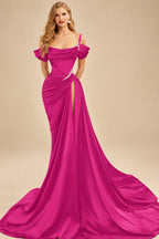 Rutipo Fuchsia Cowl Neck Beading Charmeuse High Slit Evening Dresses