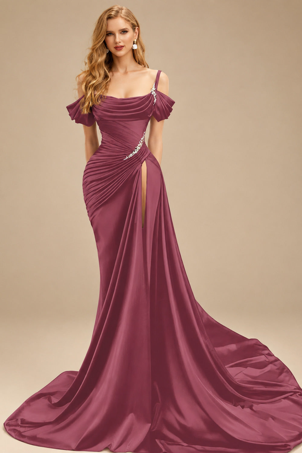 Rutipo Mulberry Cowl Neck Beading Charmeuse High Slit Evening Dresses
