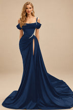 Rutipo Navy Blue Cowl Neck Beading Charmeuse High Slit Evening Dresses