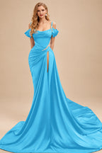 Rutipo Pool Cowl Neck Beading Charmeuse High Slit Evening Dresses