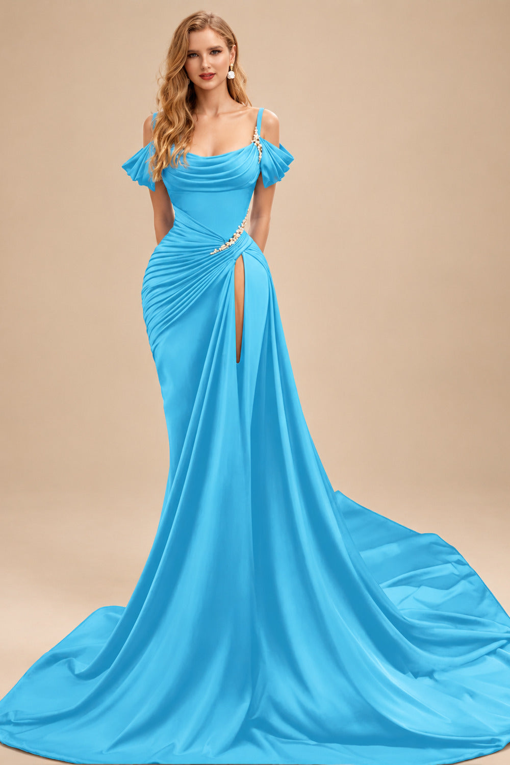 Rutipo Pool Cowl Neck Beading Charmeuse High Slit Evening Dresses