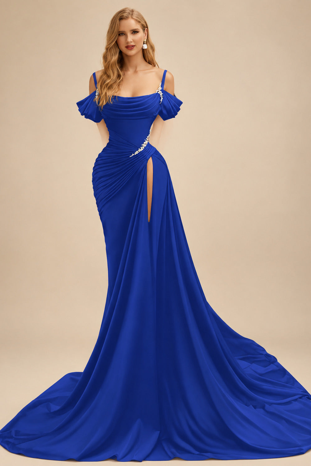 Rutipo Royal Blue Cowl Neck Beading Charmeuse High Slit Evening Dresses