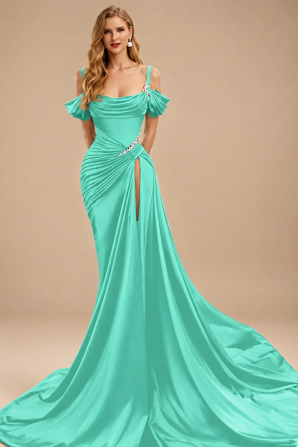 Rutipo Spa Cowl Neck Beading Charmeuse High Slit Evening Dresses