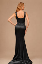 Rutipo Black Square Neckline High Slit Evening Dresses