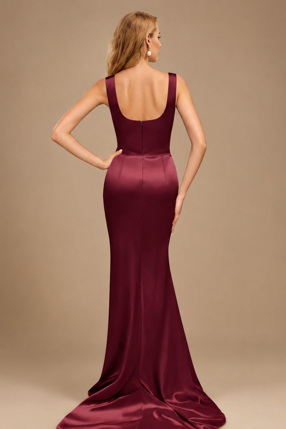 Rutipo Burgundy Square Neckline High Slit Evening Dresses