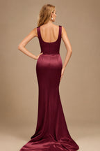 Rutipo Burgundy Square Neckline High Slit Evening Dresses