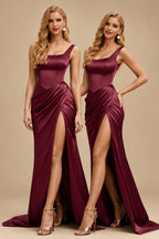 Rutipo Burgundy Square Neckline High Slit Evening Dresses