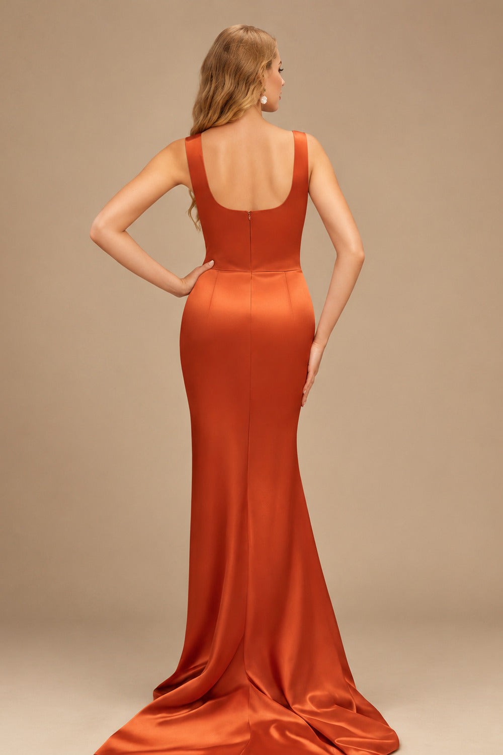 Rutipo Burnt Orange Square Neckline High Slit Evening Dresses