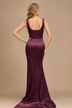 Rutipo Cabernet Square Neckline High Slit Evening Dresses