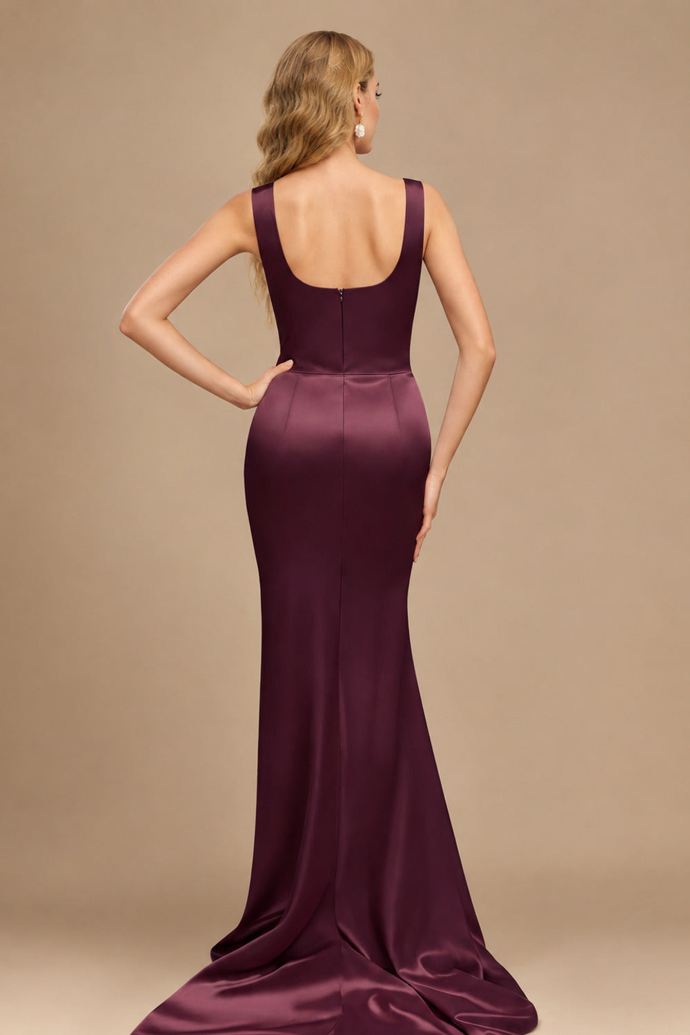 Rutipo Cabernet Square Neckline High Slit Evening Dresses