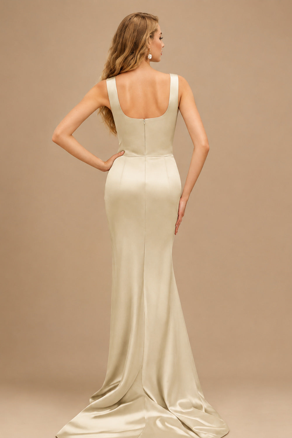 Rutipo Champagne Square Neckline High Slit Evening Dresses