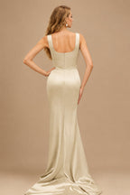 Rutipo Champagne Square Neckline High Slit Evening Dresses