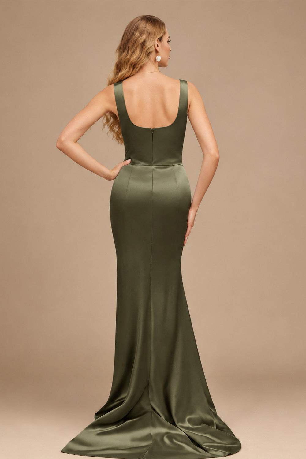 Rutipo Olive Green Square Neckline High Slit Evening Dresses