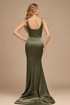Rutipo Olive Green Square Neckline High Slit Evening Dresses
