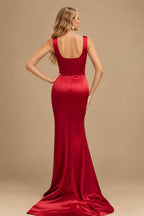 Rutipo Red Square Neckline High Slit Evening Dresses