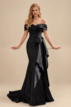 Rutipo Black Seductive Bow Accented Waist Evening Dresses With Off-Shoulder Collar Draping