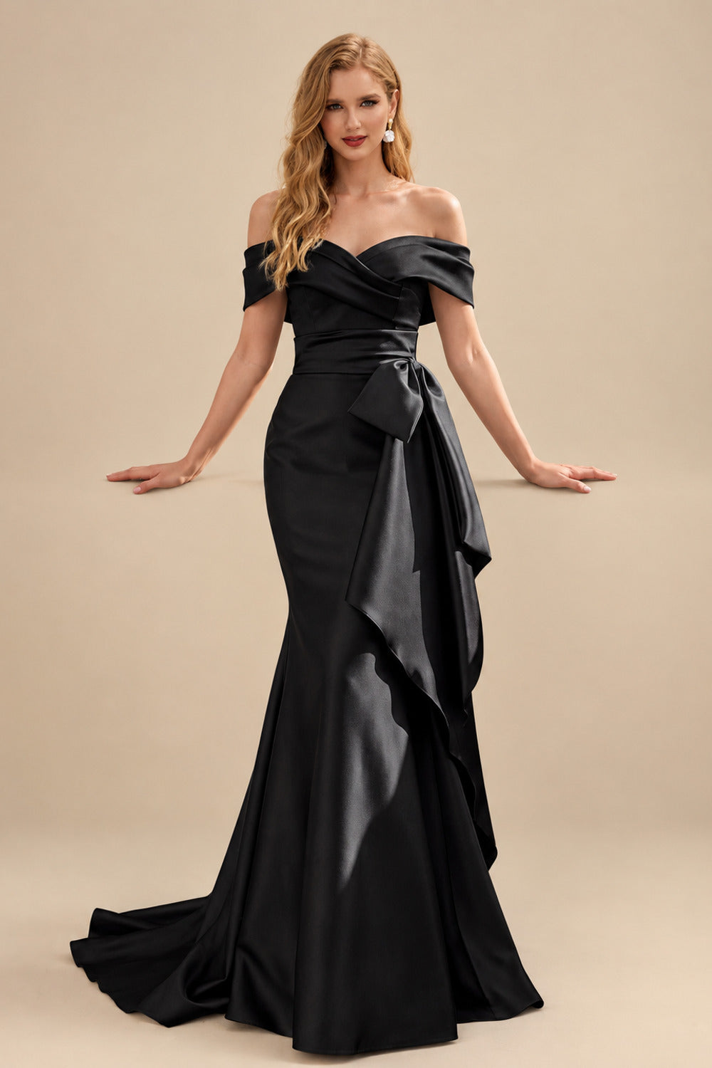 Rutipo Black Seductive Bow Accented Waist Evening Dresses With Off-Shoulder Collar Draping