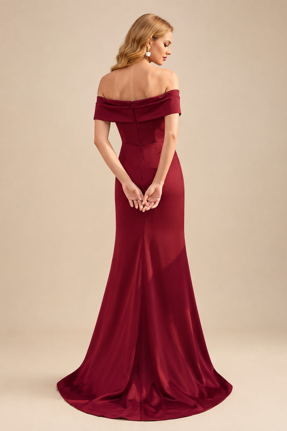 Rutipo Burgundy Seductive Bow Accented Waist Evening Dresses With Off-Shoulder Collar Draping