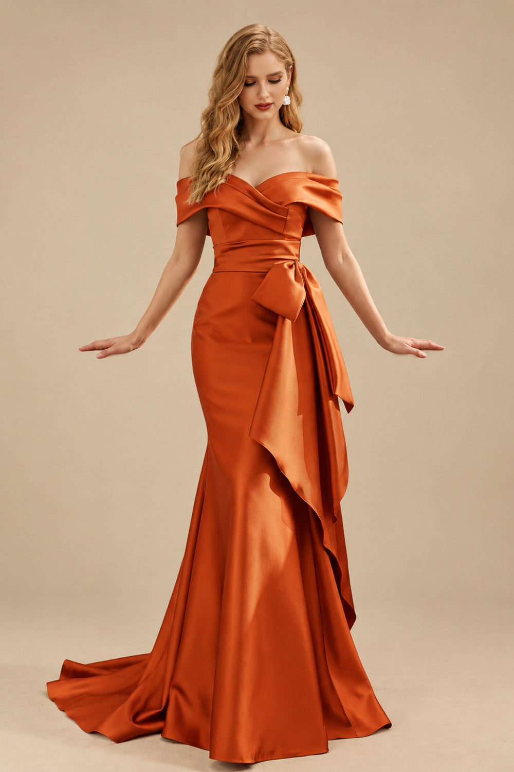Rutipo Burnt Orange Seductive Bow Accented Waist Evening Dresses With Off-Shoulder Collar Draping