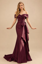 Rutipo Cabernet Seductive Bow Accented Waist Evening Dresses With Off-Shoulder Collar Draping
