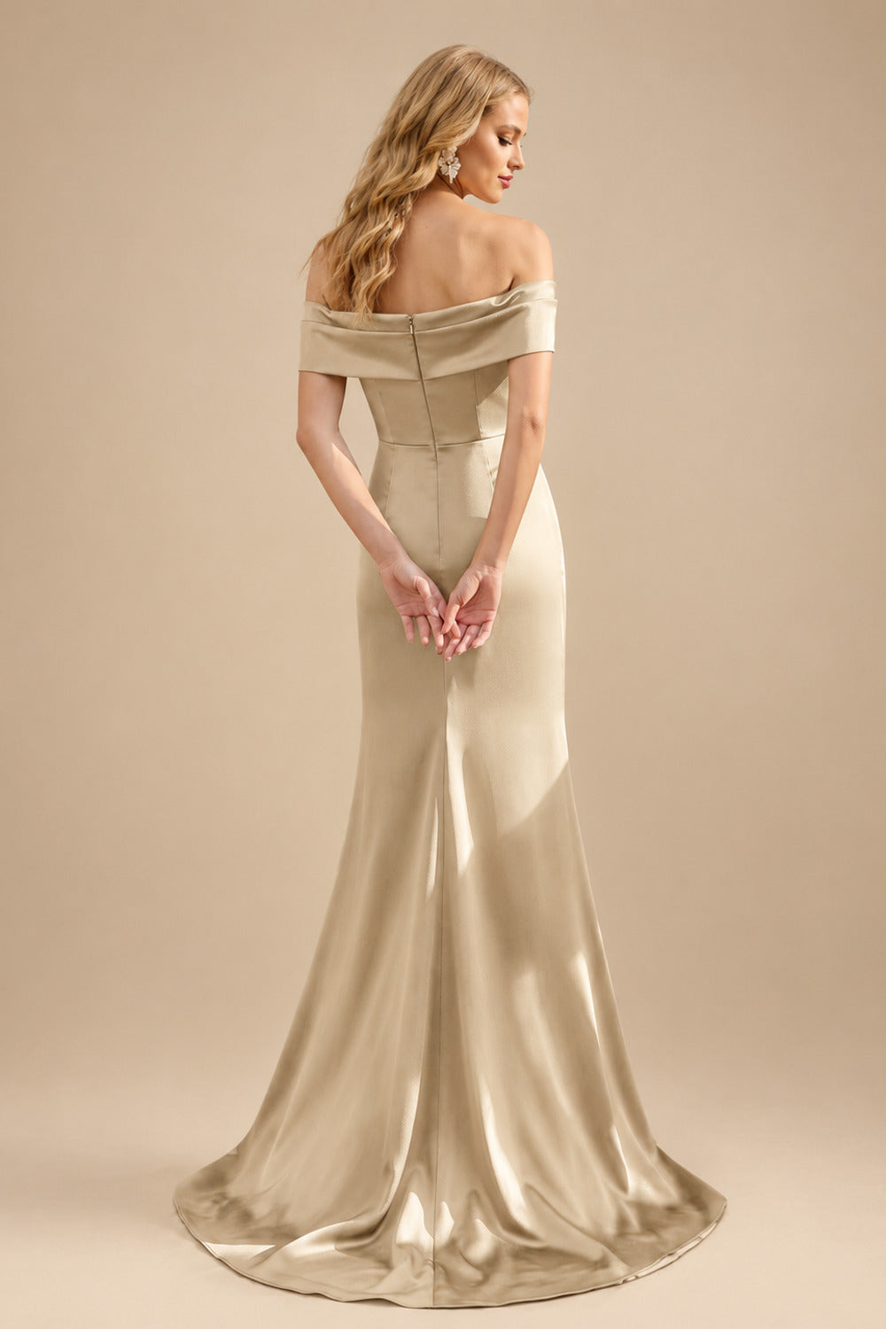 Rutipo Champagne Seductive Bow Accented Waist Evening Dresses With Off-Shoulder Collar Draping