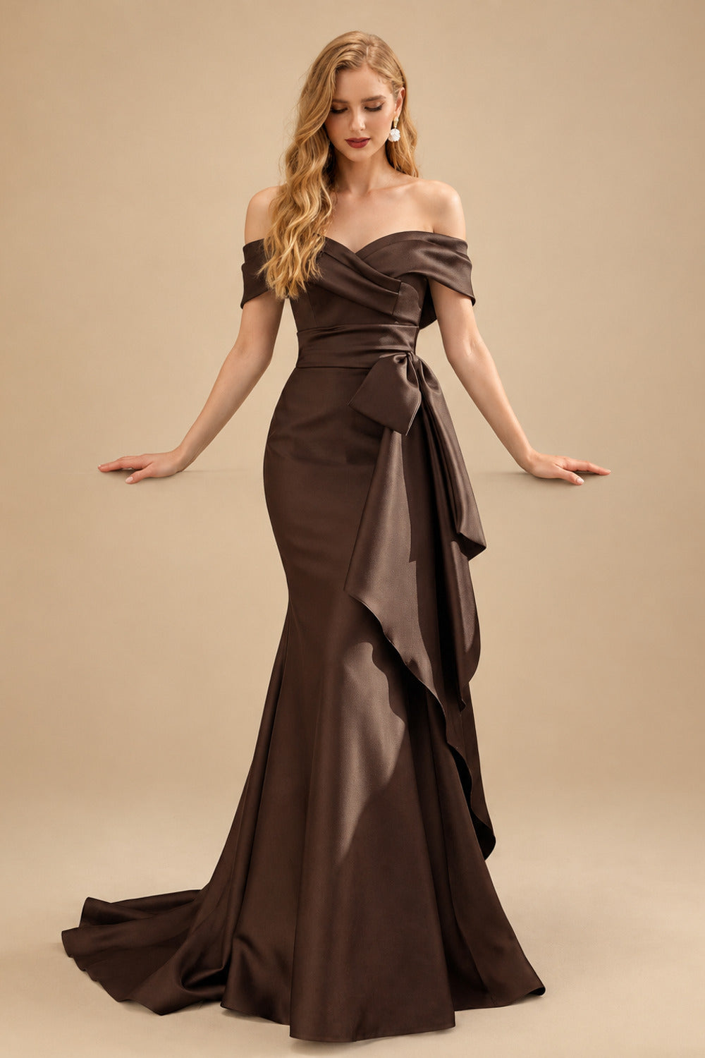 Rutipo Chocolate Seductive Bow Accented Waist Evening Dresses With Off-Shoulder Collar Draping
