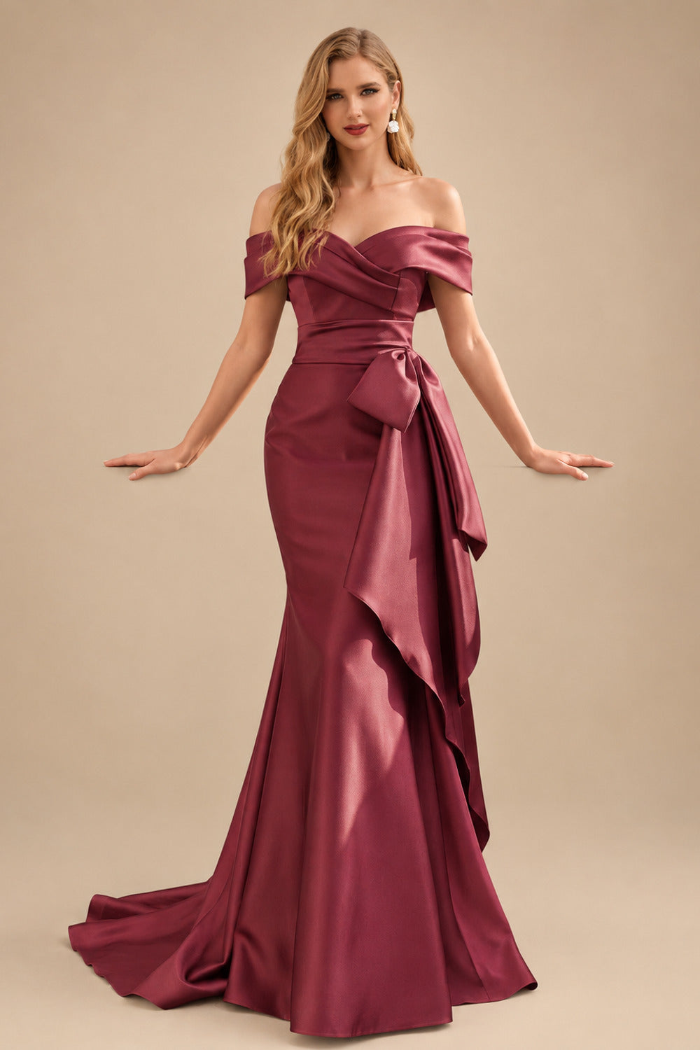 Rutipo Cinnamon Rose Seductive Bow Accented Waist Evening Dresses With Off-Shoulder Collar Draping
