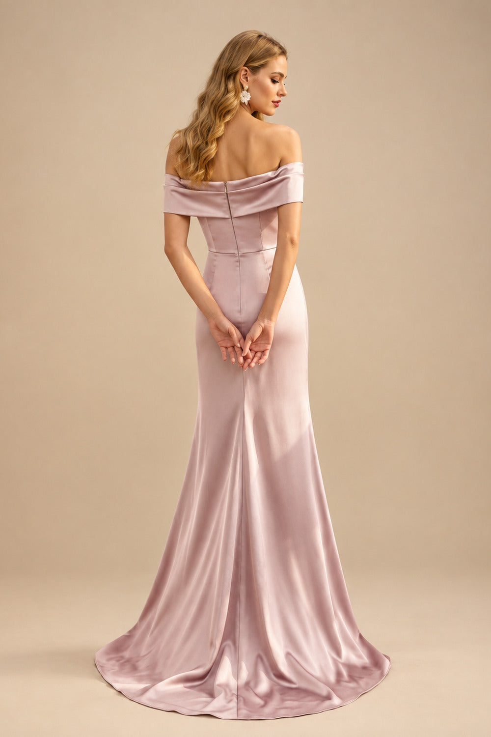 Rutipo Dusty Rose Seductive Bow Accented Waist Evening Dresses With Off-Shoulder Collar Draping