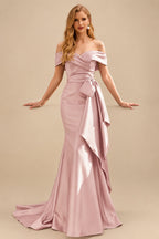 Rutipo Dusty Rose Seductive Bow Accented Waist Evening Dresses With Off-Shoulder Collar Draping