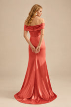 Rutipo Papaya Seductive Bow Accented Waist Evening Dresses With Off-Shoulder Collar Draping