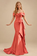 Rutipo Papaya Seductive Bow Accented Waist Evening Dresses With Off-Shoulder Collar Draping