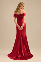 Rutipo Red Seductive Bow Accented Waist Evening Dresses With Off-Shoulder Collar Draping