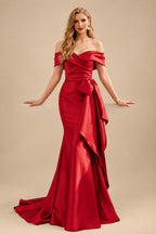 Rutipo Red Seductive Bow Accented Waist Evening Dresses With Off-Shoulder Collar Draping